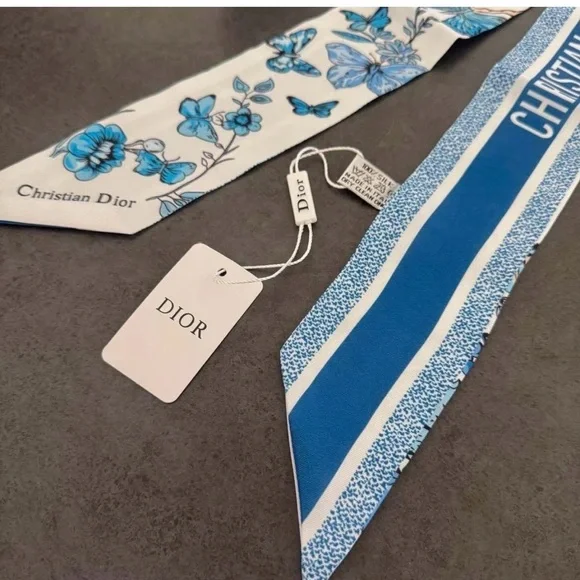 Dior Blue & White Floral and Stripe Silk Twilly Scarf - Picture 2 of 5